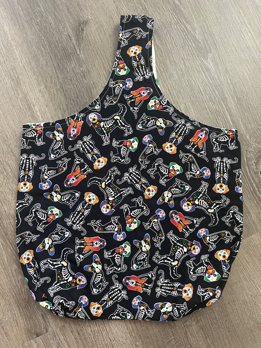 Handmade Reversible Halloween Fabric Small Tote Bag Dogs Skeletons Pawprint